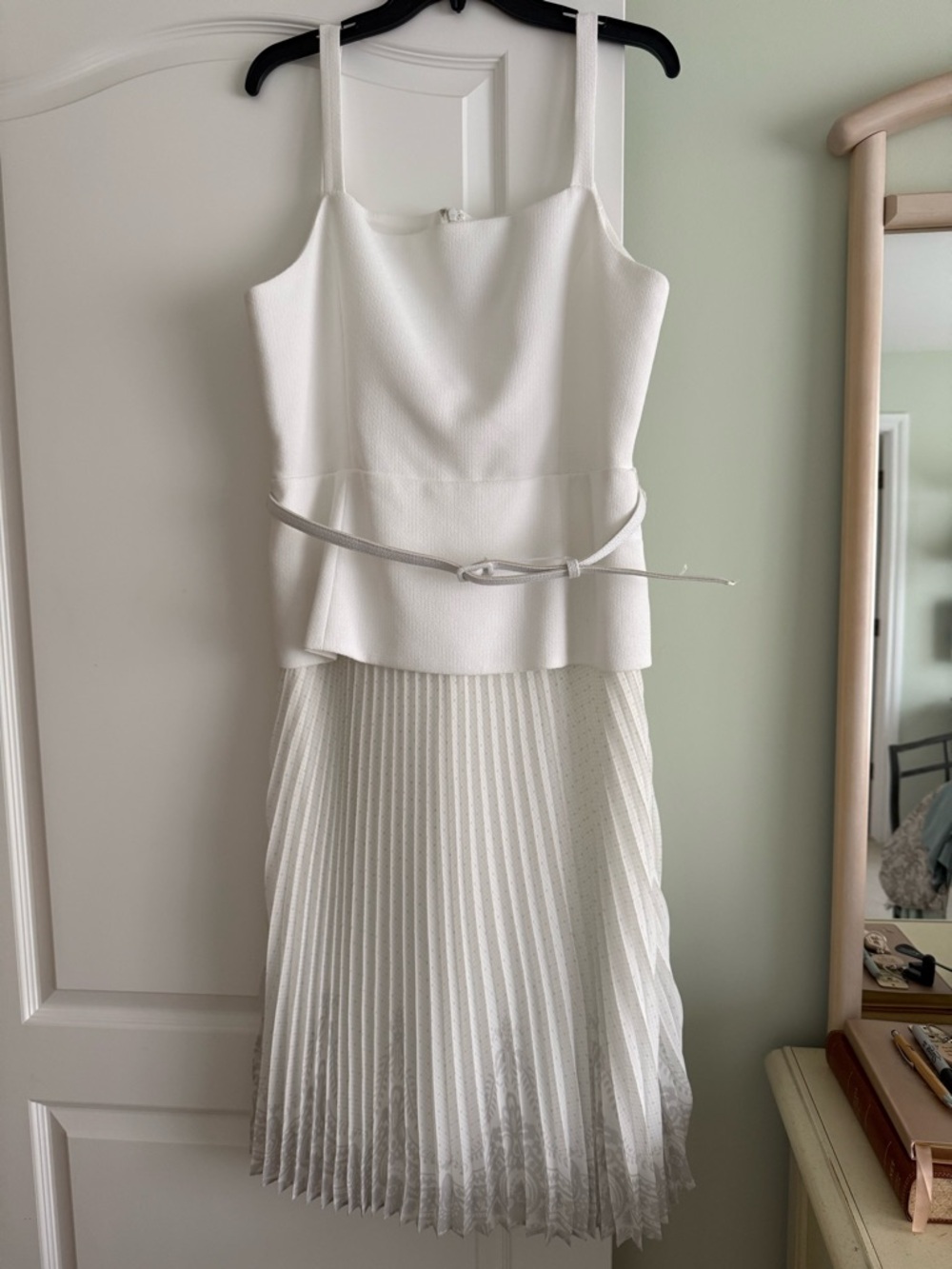 julia jordan White Pleated Midi Dress with Belted Waist